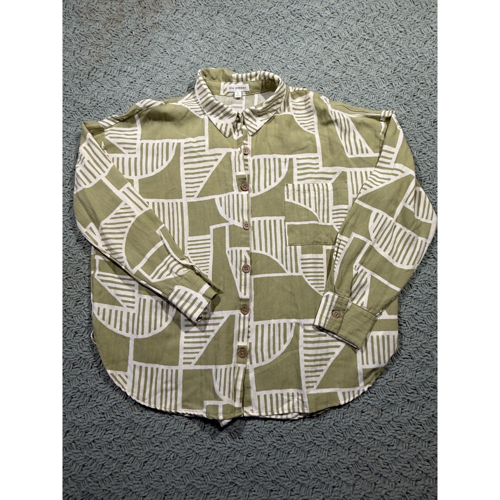 Blu Pepper Women Olive Green Geometric Abstract Button Down Shirt Large
